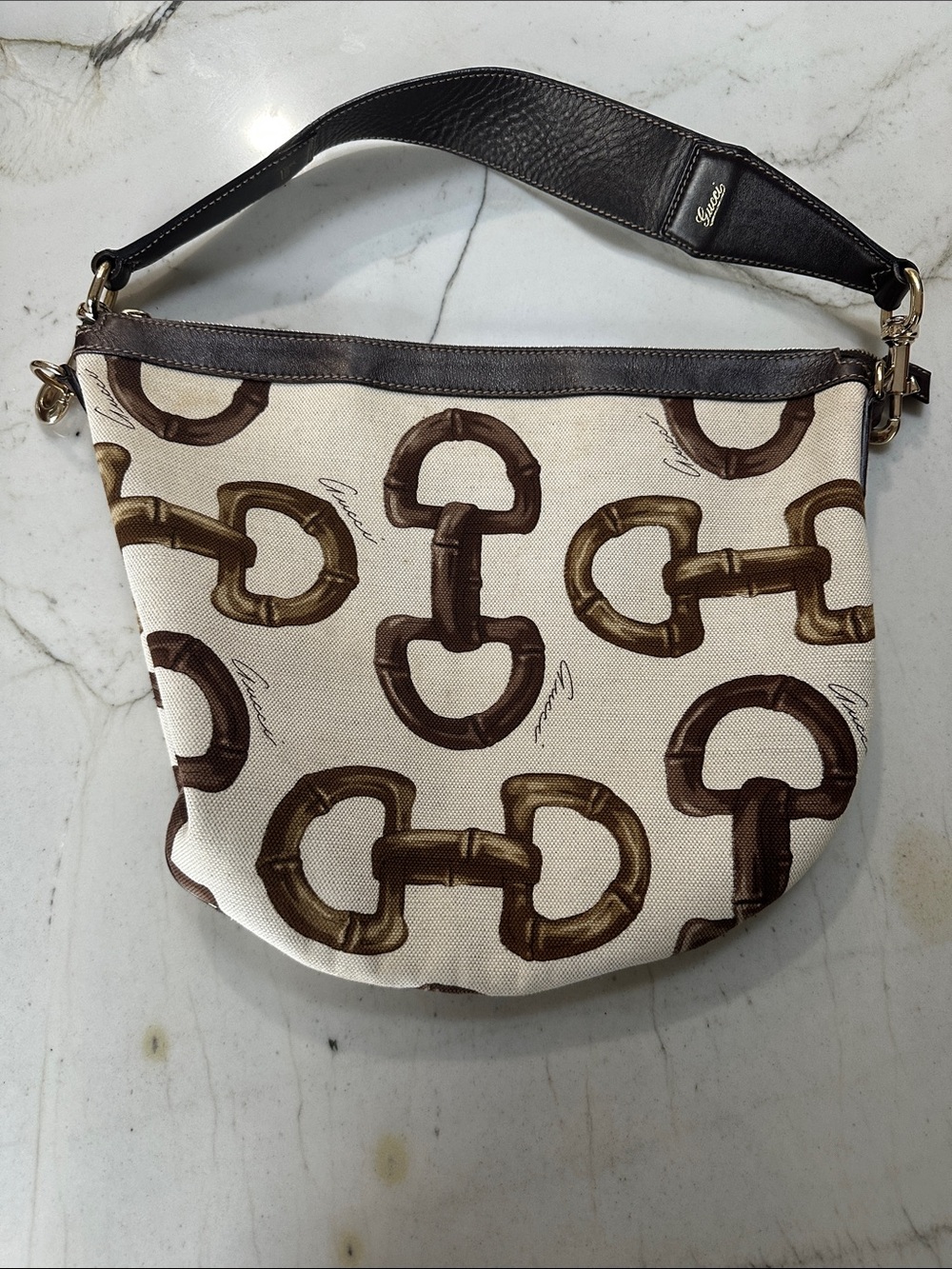 Gucci Brown and Cream Horsebit Canvas Shoulder Bag